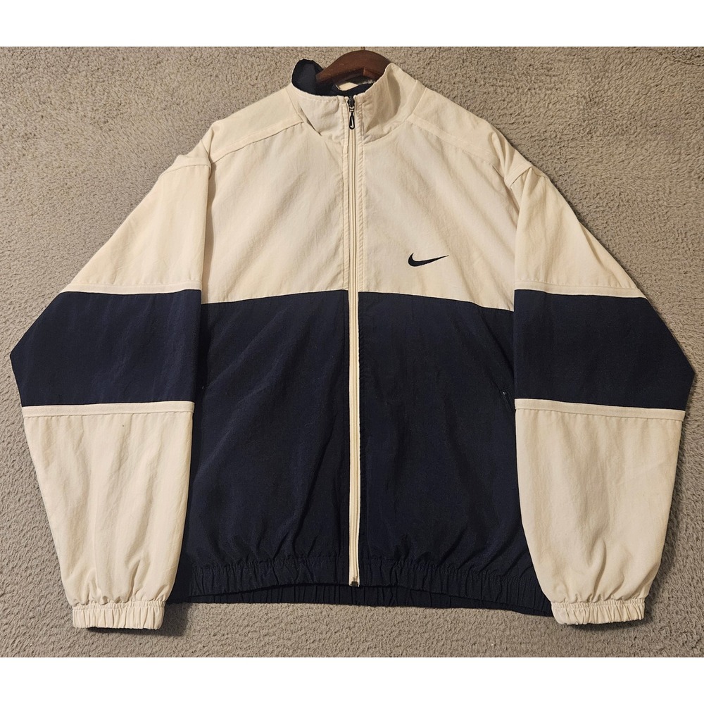 Vintage Nike Windbreaker Jacket Mens Large Cream Navy Blue Track Full Zip